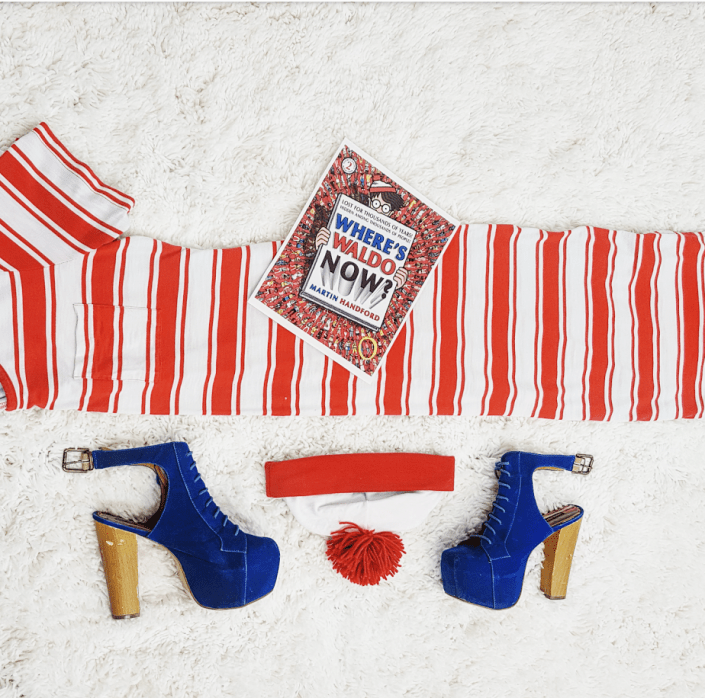 Thrift Store Cosplay WHere's Waldo Instagram Challenge fashion blogger nerd post flat lay