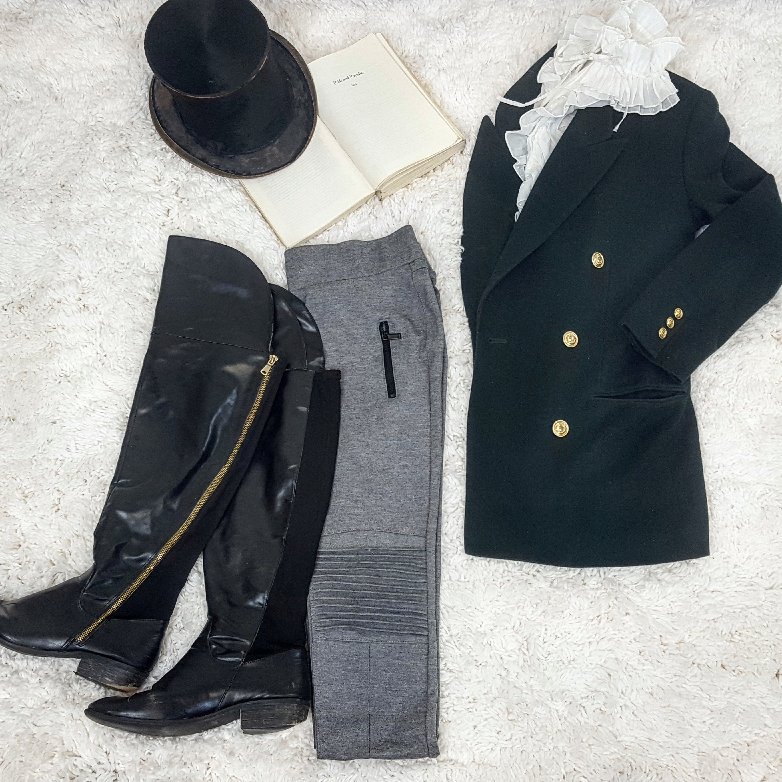 Thrift Store Cosplay Day 10 Mr. Darcy from Pride and Prejudice fashion blog post flat lay