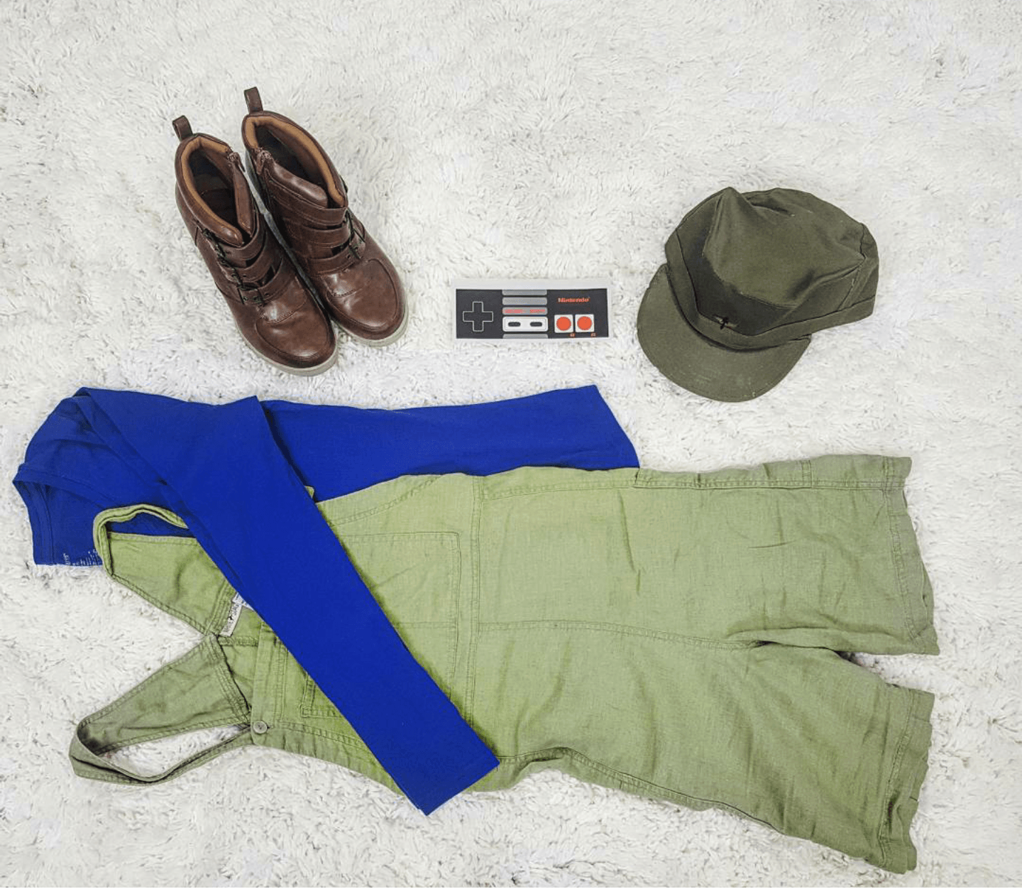 Thrift Store Cosplay day 13 Luigi flat lay Super Mario Brothers NIntendo