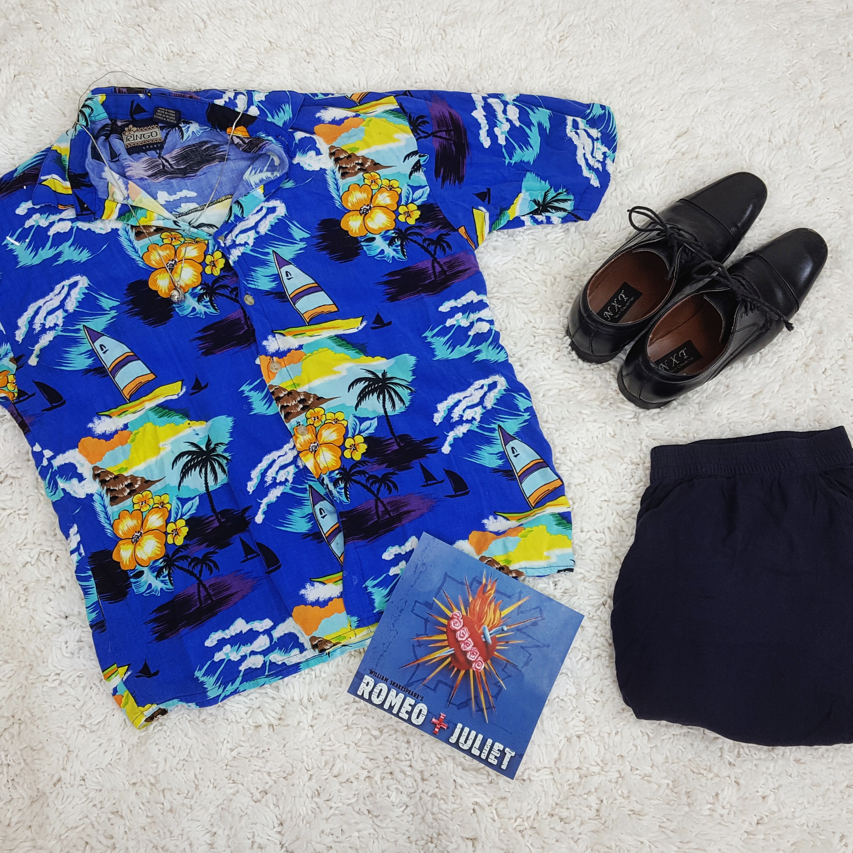 Thrift Store cosplay Day 20 Romeo and Juliet Leonardo Dicaprio flat lay fashion blog post