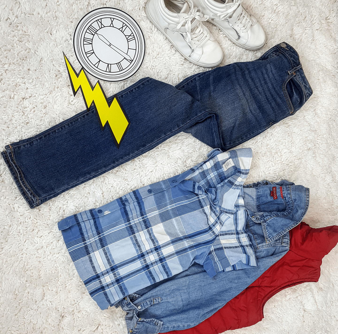 Thrift Store Cosplay Day 25 Marty McFly back to the Future fashion blog post flat lay